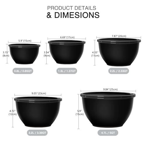 Greentainer 5-Piece Plastic Mixing Bowl Set with Lids for Kitchen, Nesting Storage Bowls for Baking, Prepping,Cooking and Serving Food, Dishwasher, Microwave Safe,Great for Mixing & Serving (Black)