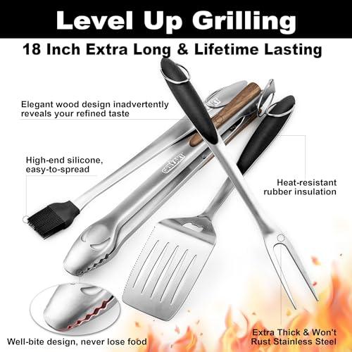 GRILLART BBQ Tools Grill Tools Set - 18Inch Grilling Tools BBQ Set - Grill Accessories w/BBQ Tongs, Spatula, Fork, Brush - Stainless Grill Kit Grilling Set - Gift Ideas BBQ Accessories, Gifts for Men