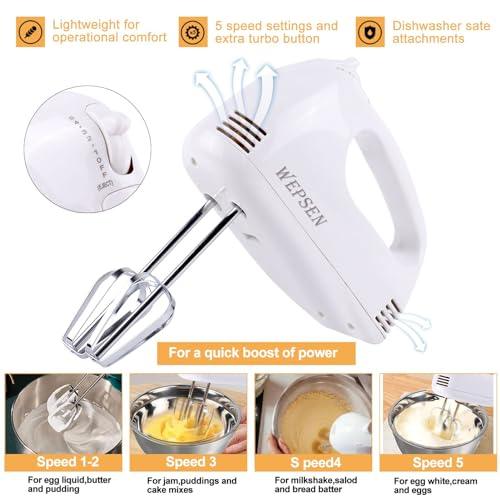 Hand Mixer Electric Mixing Bowls Set, 5 Speeds Handheld Mixer with 5 Nesting Stainless Steel Mixing Bowl, Measuring Cups and Spoons 200 Watt Kitchen Blender Whisk Beater Baking Supplies For Beginner