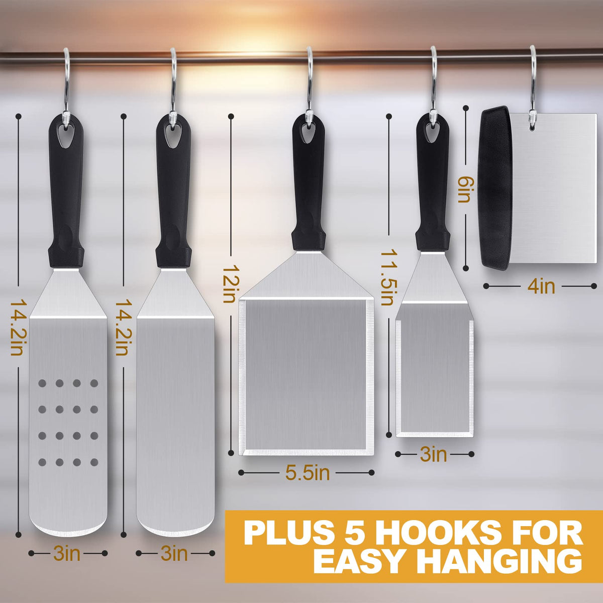 HaSteeL Griddle Accessories Kit of 5, Heavy Duty Metal Spatula, Professional Stainless Steel Flat Top Griddle Tools Set, Pancake Flipper/Griddle Scraper/Hamburger Turner for BBQ Grilling Cast Iron