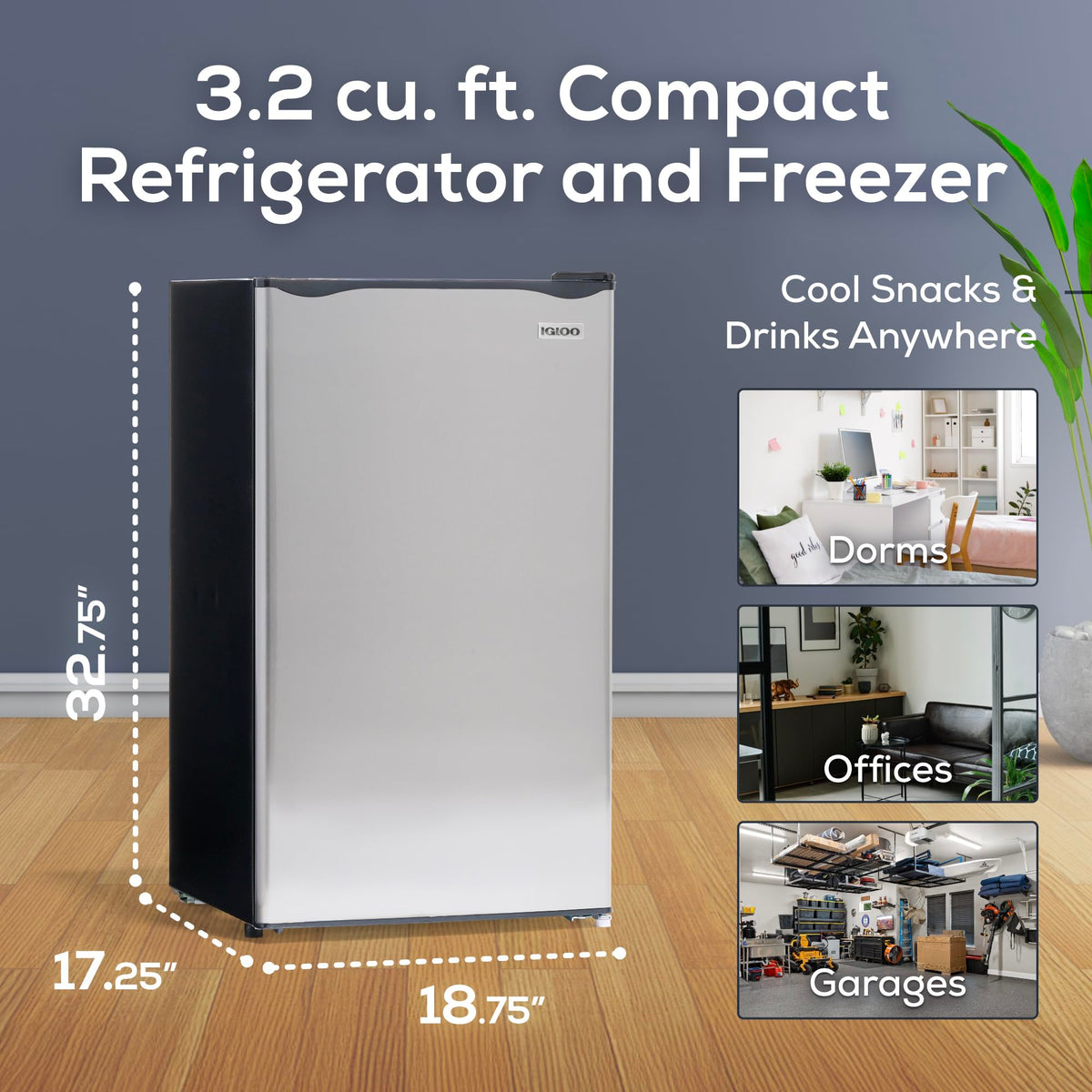 Igloo 3.2 Cu.Ft. Single Door Compact Refrigerator with Freezer - Slide Out Glass Shelf, Perfect for Homes, Offices, Dorms - Platinum