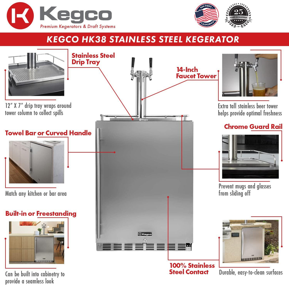 Kegco Kegerator 24" Wide Dual Tap Black/Stainless Steel Undercounter Beer Dispenser HK38BSU-2