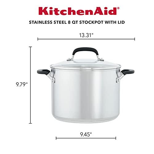 KitchenAid Stainless Steel Stockpot with Measuring Marks and Lid, 8 Quart, Brushed Stainless Steel