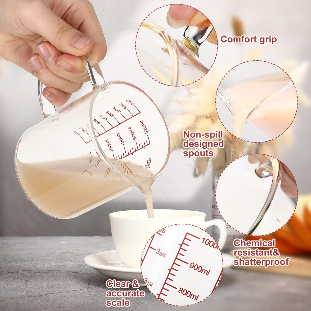 Lallisa 3 Pack High Borosilicate Glass Measuring Cups with Handle and V Shaped Spout with 3 Scales (Oz, Cup, Ml) for Kitchen Restaurant, Easy to Read, 4 Cup, 2 Cup, 1 Cup (Red Scale)