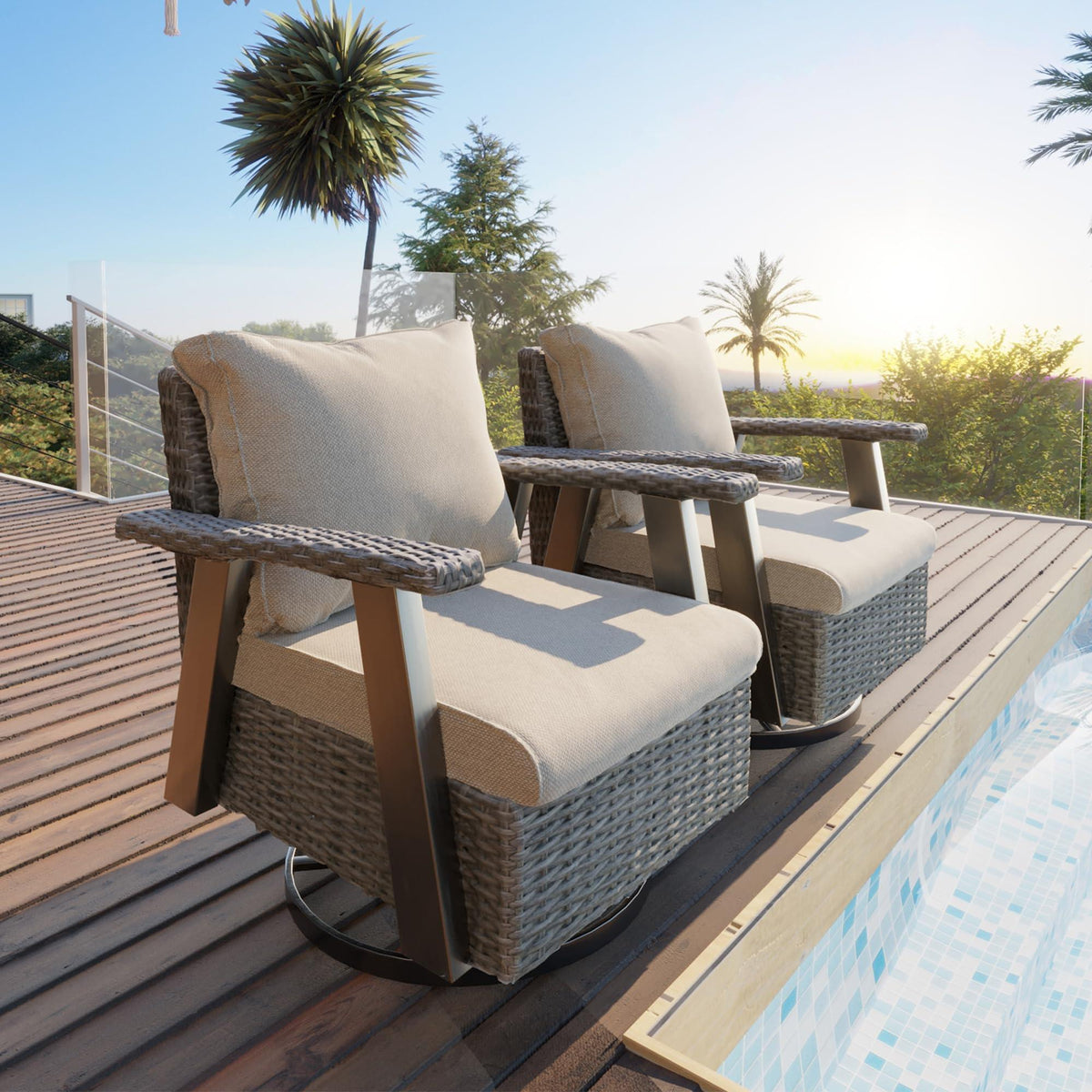 MeetLeisure Patio Chair Set of 2 - Outdoor 360 Degree Swivel Rocker Chair with Olefin Fabric Cushion and Ergonomic Structure, Patio Wicker Dining Chair(Grey/Beige)