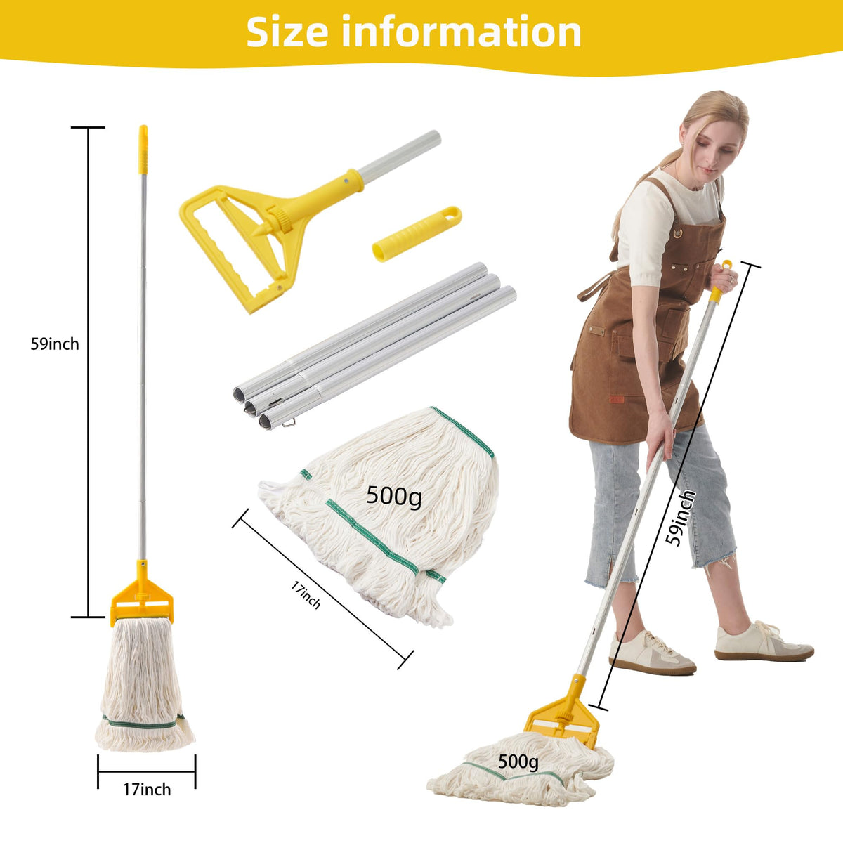Midoneat Commercial Mop Heavy Duty Industrial Mop with Long Handle,59" Looped-End String Wet Cotton Mops for Floor Cleaning, Including Three mop Head Replacement