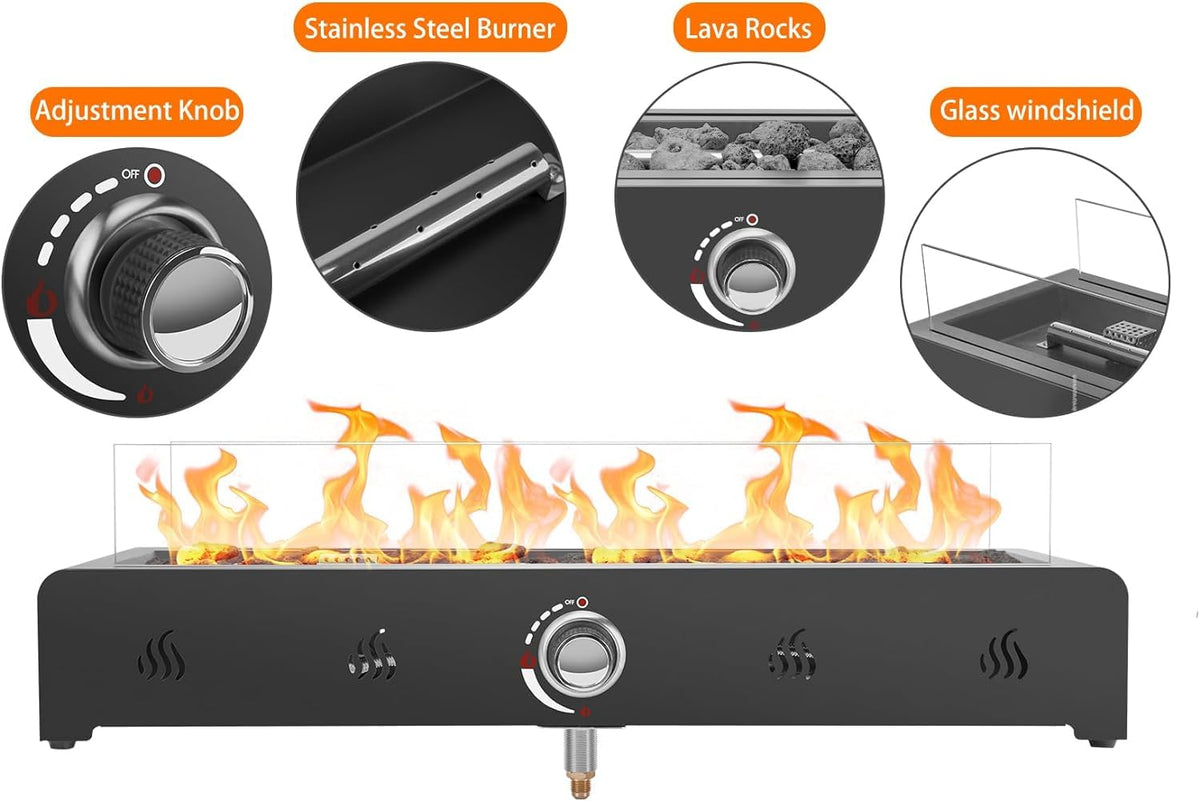 Onlyfire 28'' Tabletop Fire Pit Table, Propane Gas Firepit with Bottom Air Intake, Glass Wind Guard and Lava Rock, Outdoor Rectangular Smokeless Fireplace