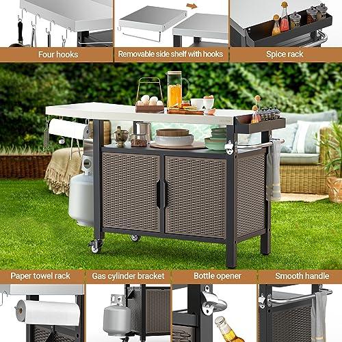 Onlyfire Portable Dining Cart Table with XL Stainless Steel Countertop, Rolling Storage Cabinet with Side Shelf for Indoor Outdoor, Kitchen Island Worktable with Wheels