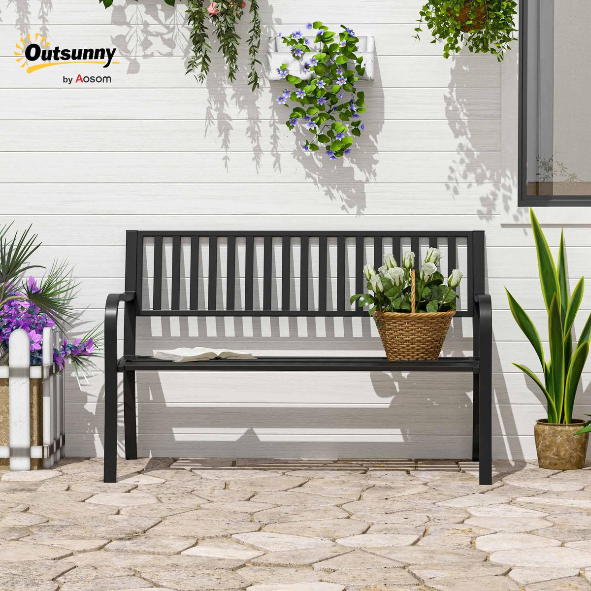 Outsunny 50" Outdoor Garden Bench, Patio Bench with Slatted Seat, Metal Porch Bench for Backyard, Poolside, Lawn, Black