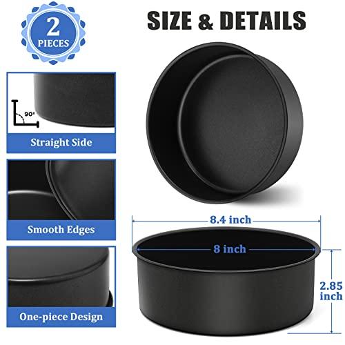 P&P CHEF 8 x 3 Inch Nonstick Cake Pan Set of 2, Round Cake Baking Pans for Birthday Wedding Layer Cake, Deep Side & One-piece Design, Stainless Steel Core & Non Toxic, Black