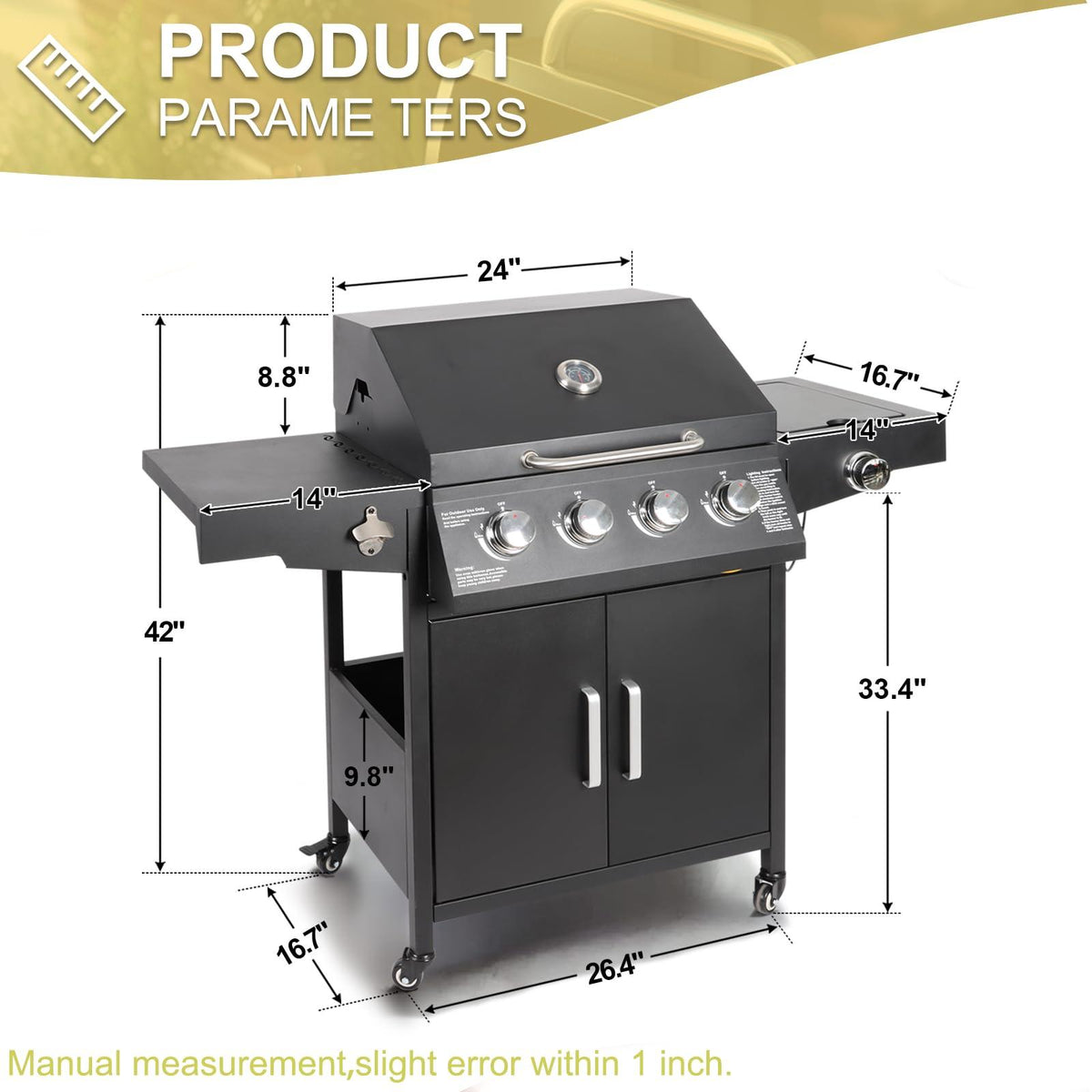 Propane Gas Grill Steel Grill Cart with 4 Burners, Side Burner, Side Table Outdoor Cooking Barbecue Grill