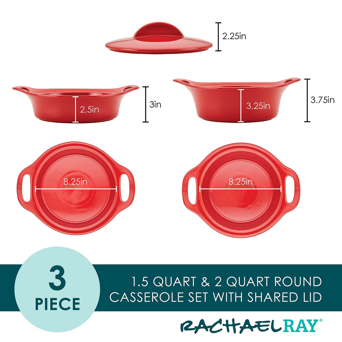 Rachael Ray Solid Glaze Ceramics Casserole Bakers/Baking Dish with Shared Lid Set, 3 Piece, Red