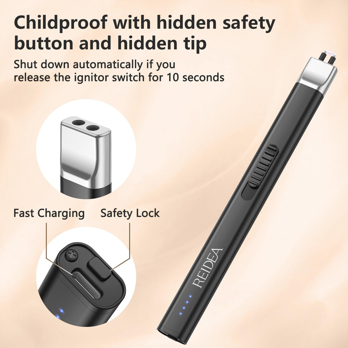 REIDEA Electric Candle Lighter, Windproof Flameless USB Rechargeable Arc Lighter with Safe Button and Power Indicator for Candle, BBQ and Fireworks, R1 Flat, Obsidian Black