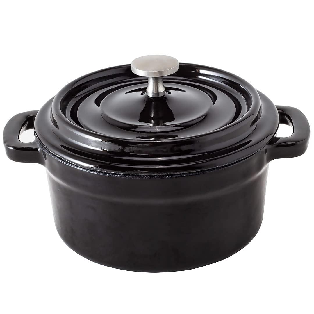 Restaurantware 8 Ounce Mini Casserole Dish, 1 Mini Dutch Oven With Lid - Enameled, Round, Black Cast Iron Mini Cocotte, Heavy-Duty, For Baking, Braising, or Roasting