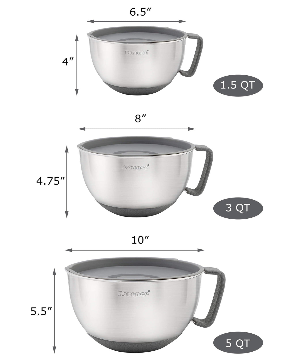 Rorence Mixing Bowls Set: Stainless Steel Non-Slip Bowls with Pour Spout, Handle and Lid - Set of 3 - Gray