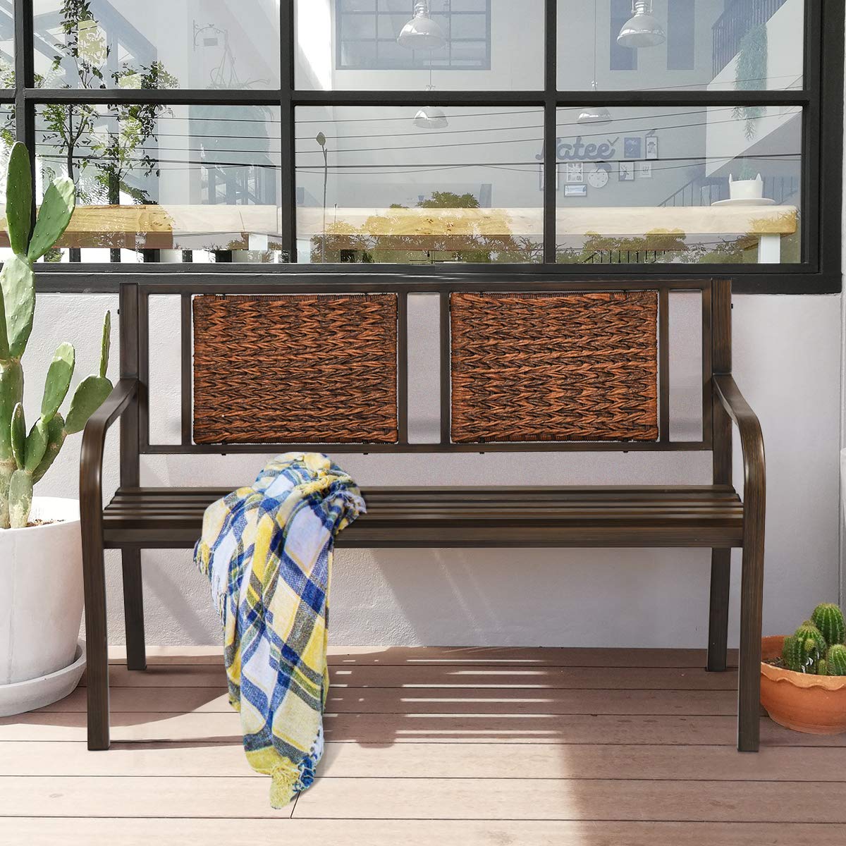 S AFSTAR Outdoor Garden Bench, Brown, Iron, Metal, Polyethylene, Rattan, 50.5 in Width, 2 Adults