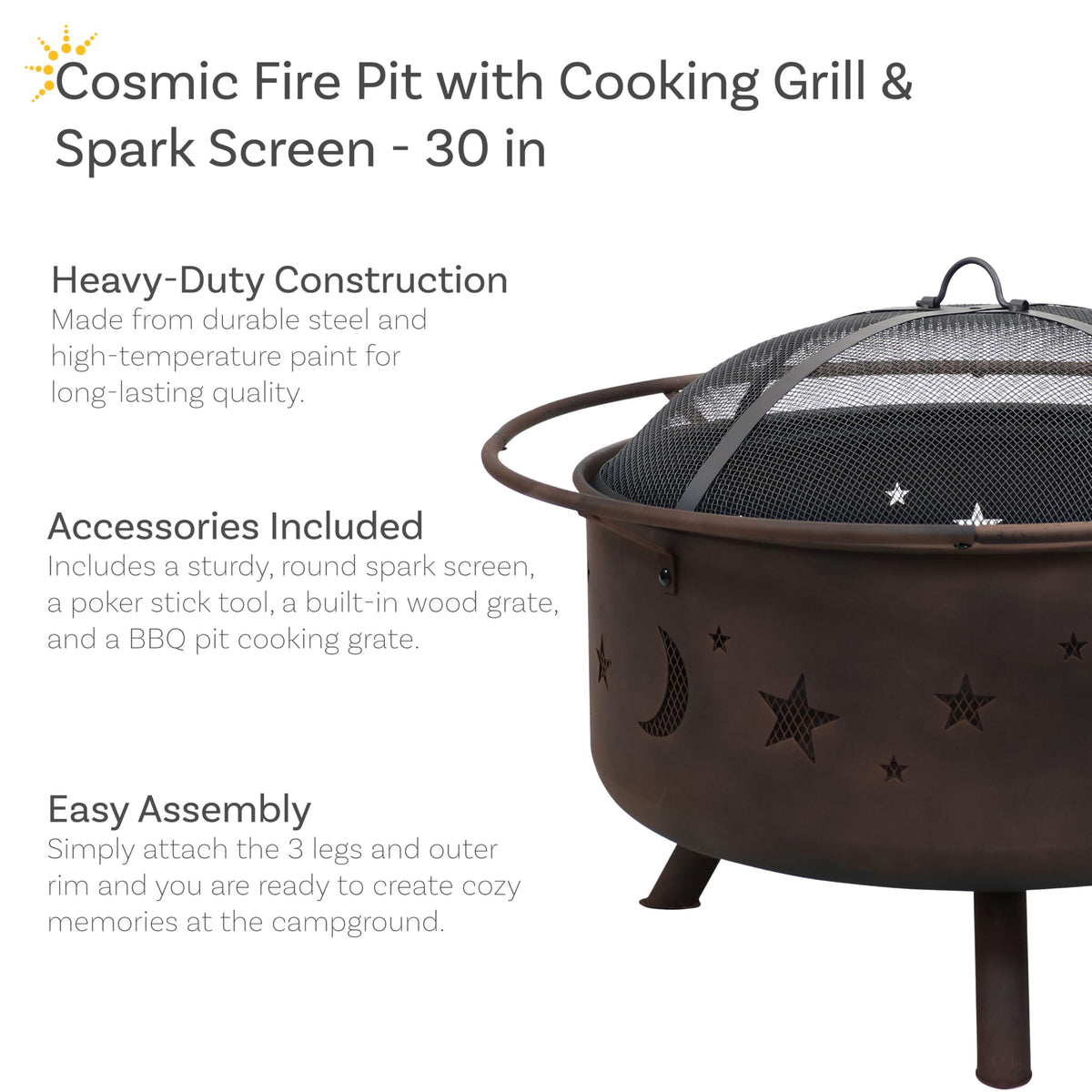 Sunnydaze Cosmic 30-Inch Outdoor Fire Pit - Wood Burning Fire Pit with Cooking BBQ Grill Grate, Spark Screen, and Fireplace Poker - Celestial Design