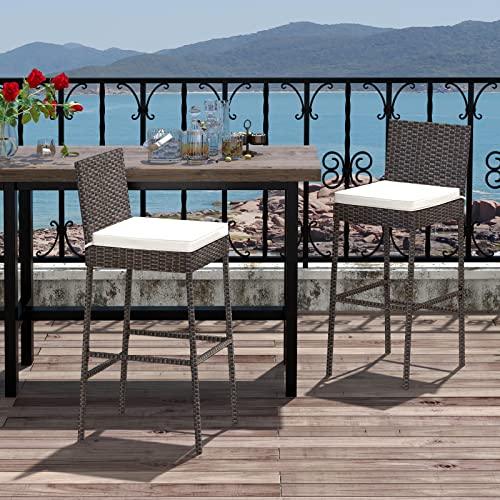 Tangkula Set of 2 Patio Wicker Barstools, Outdoor Bar Height Chair w/Soft Seat Cushion & Cozy Footrest, Heavy-Duty Metal Frame, 400 lbs Max Load, Mix Brown Rattan Bar Chair for Backyard, Balcony