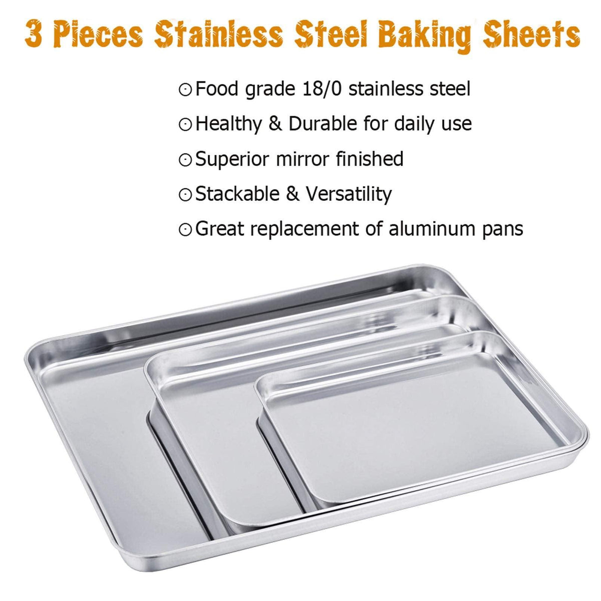 TeamFar Baking Sheet Set of 3, Stainless Steel Cookie Sheet Baking Tray Pan, Healthy & Non Toxic, Mirror Finish & Rust Free, Easy Clean & Dishwasher Safe
