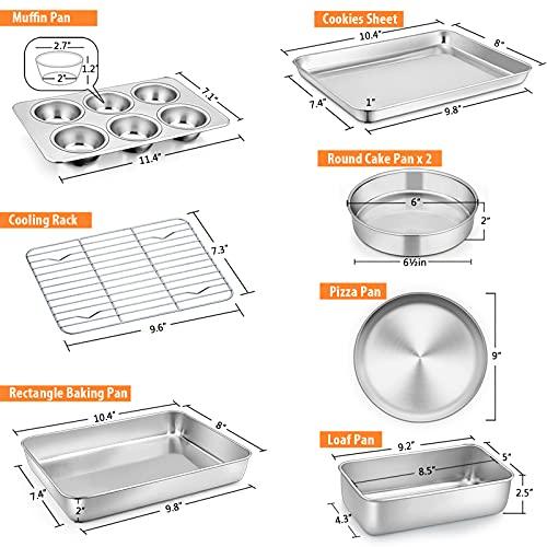 Toaster Oven Bakeware Set, E-far 8-Piece Stainless Steel Small Baking Pan Set, Include 6-Inch Cake Pan/Rectangle Baking Pan/Cookie Sheet with Rack/Muffin/Loaf/Pizza Pan, Non-Toxic & Dishwasher Safe