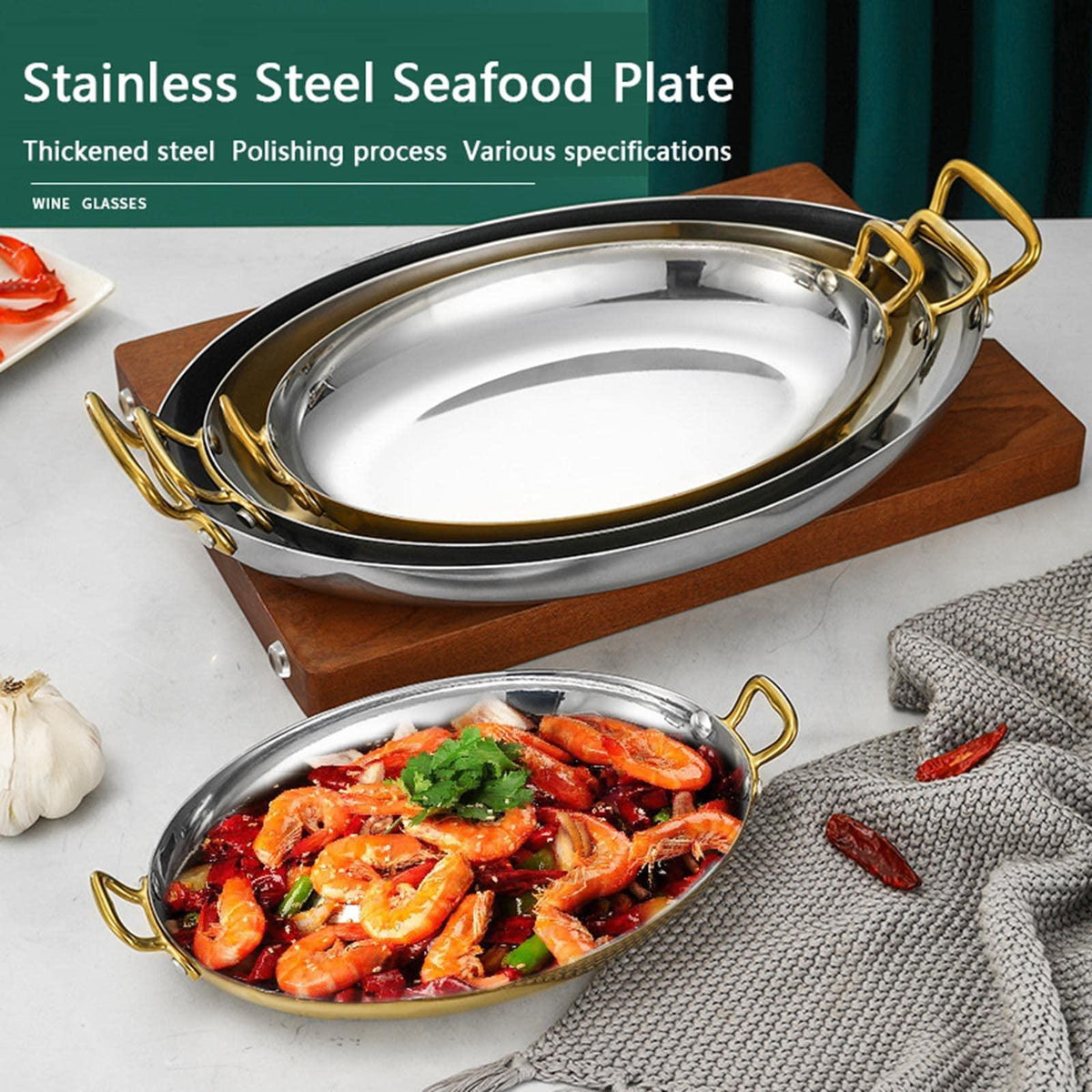 UGCER Oval Spanish Paella Pan - Stainless Steel Seafood Lobster Plate Non Stick Uncoated with Dual Handle for Homes Or Restaurants (Silver,40cm)
