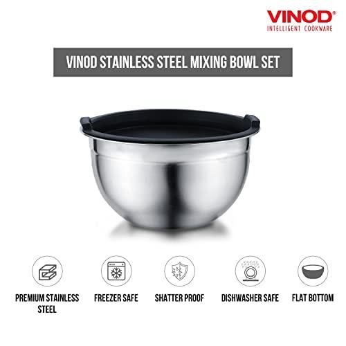 Vinod Mixing Bowls with Lids - Set of 5 Stainless Steel Nesting Bowl | Meal Prep Bowls | Mix & Serve | Flat Bottom & Stackable | Heavy Duty, Easy to Clean, Space Saving, Cooking, Prepping | Black Lids