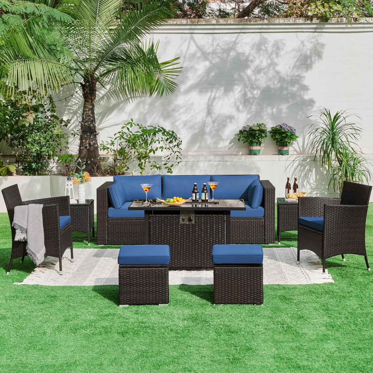 Yaheetech 3-Seat Patio Wicker Sofa, Outdoor Rattan Couch with Furniture Cover, Deep Seat High Back with Cushions & Throw Pillows for Deck/Porch/Balcony/Yard, Brown/Dark Blue