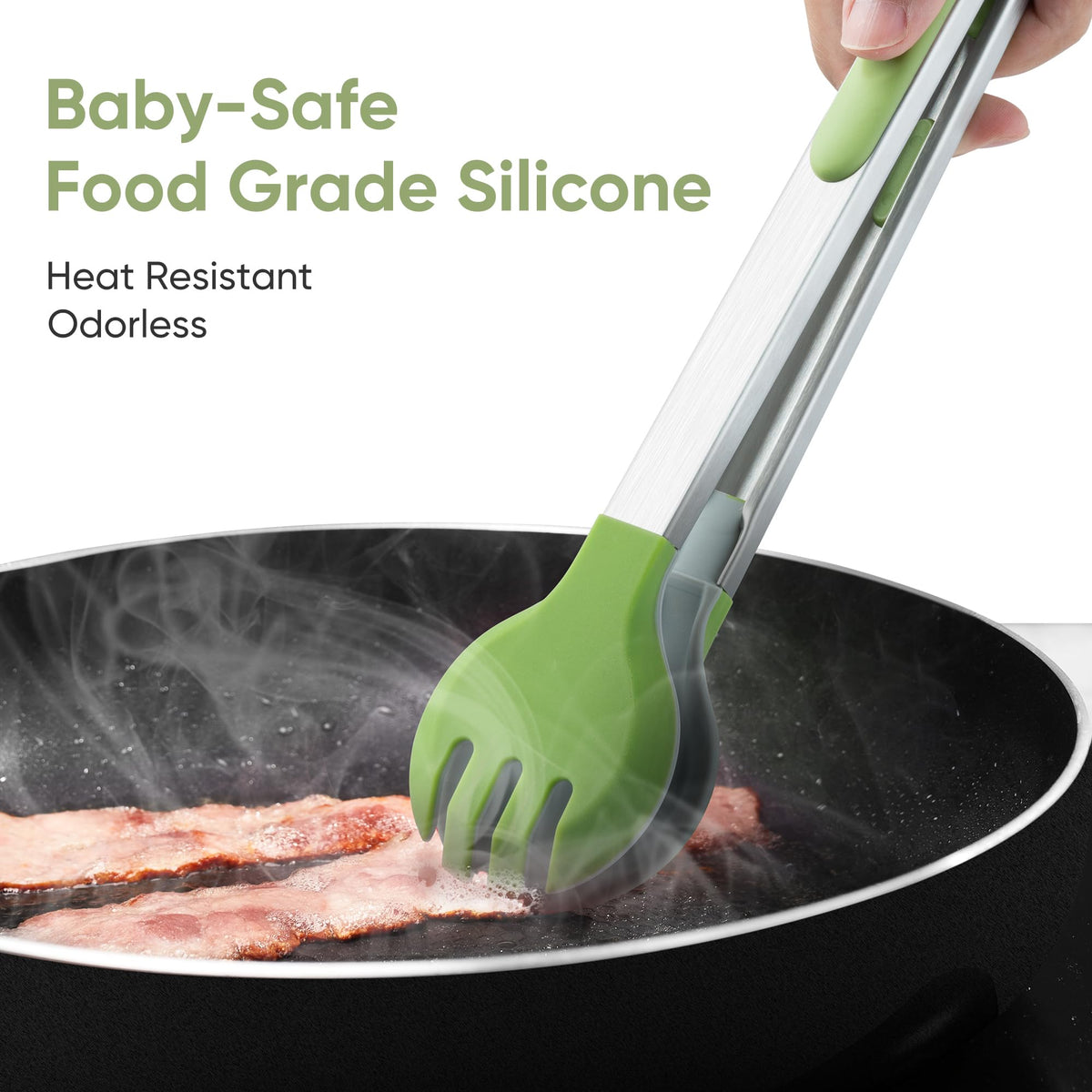 12 Inch Cooking Tongs, 2-in-1 Design with 0.5oz Measure Spoon, Stainless Steel Kitchen Tongs with Silicone Tips, Non-Stick Food Tongs for Cooking, Grilling, BBQ, Salad, Buffet, Serving (12", Green)