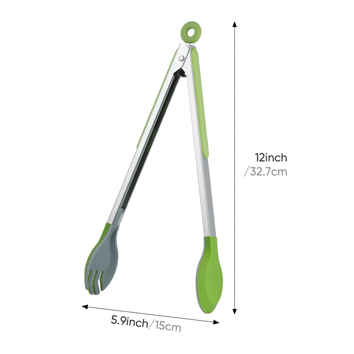 12 Inch Cooking Tongs, 2-in-1 Design with 0.5oz Measure Spoon, Stainless Steel Kitchen Tongs with Silicone Tips, Non-Stick Food Tongs for Cooking, Grilling, BBQ, Salad, Buffet, Serving (12", Green)