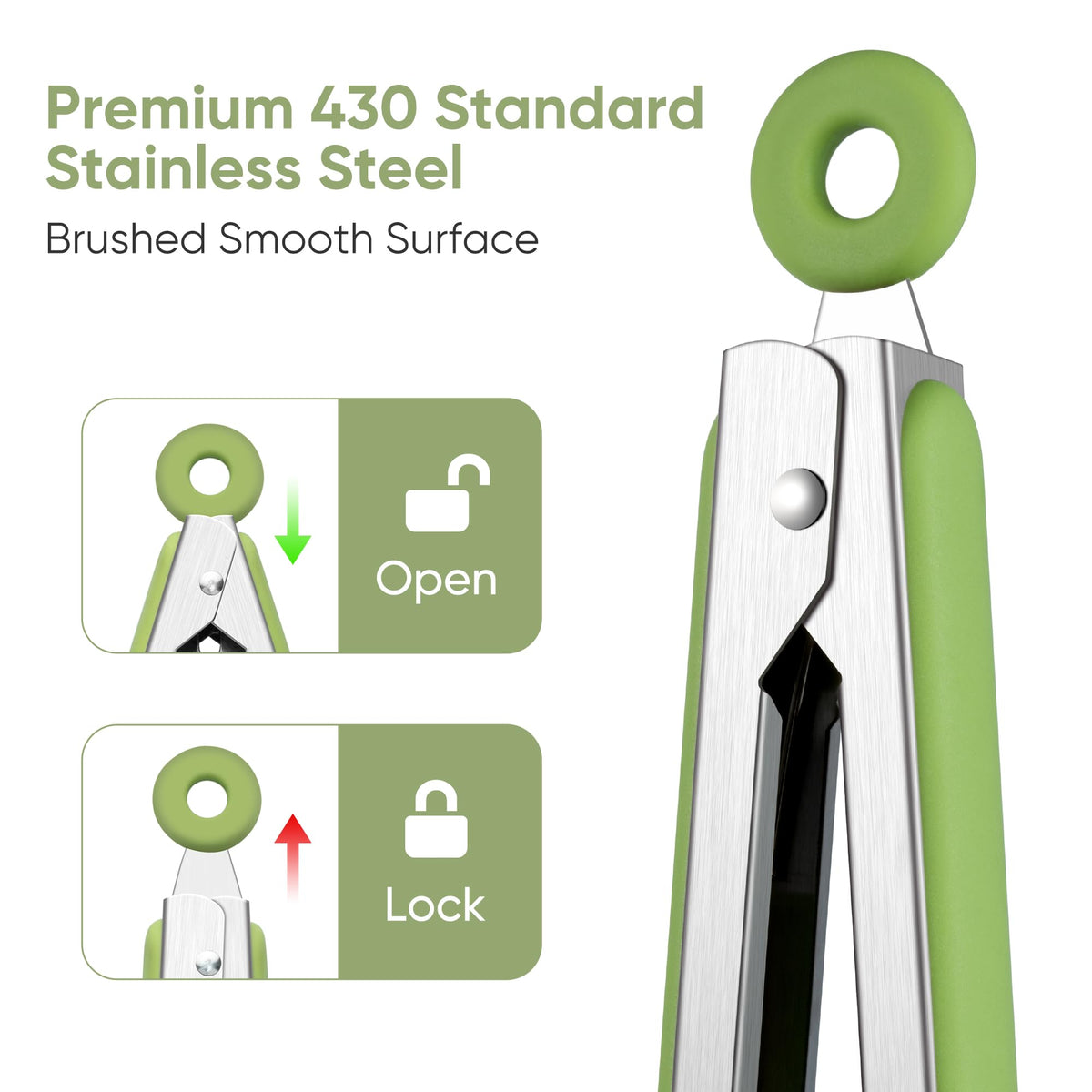 12 Inch Cooking Tongs, 2-in-1 Design with 0.5oz Measure Spoon, Stainless Steel Kitchen Tongs with Silicone Tips, Non-Stick Food Tongs for Cooking, Grilling, BBQ, Salad, Buffet, Serving (12", Green)