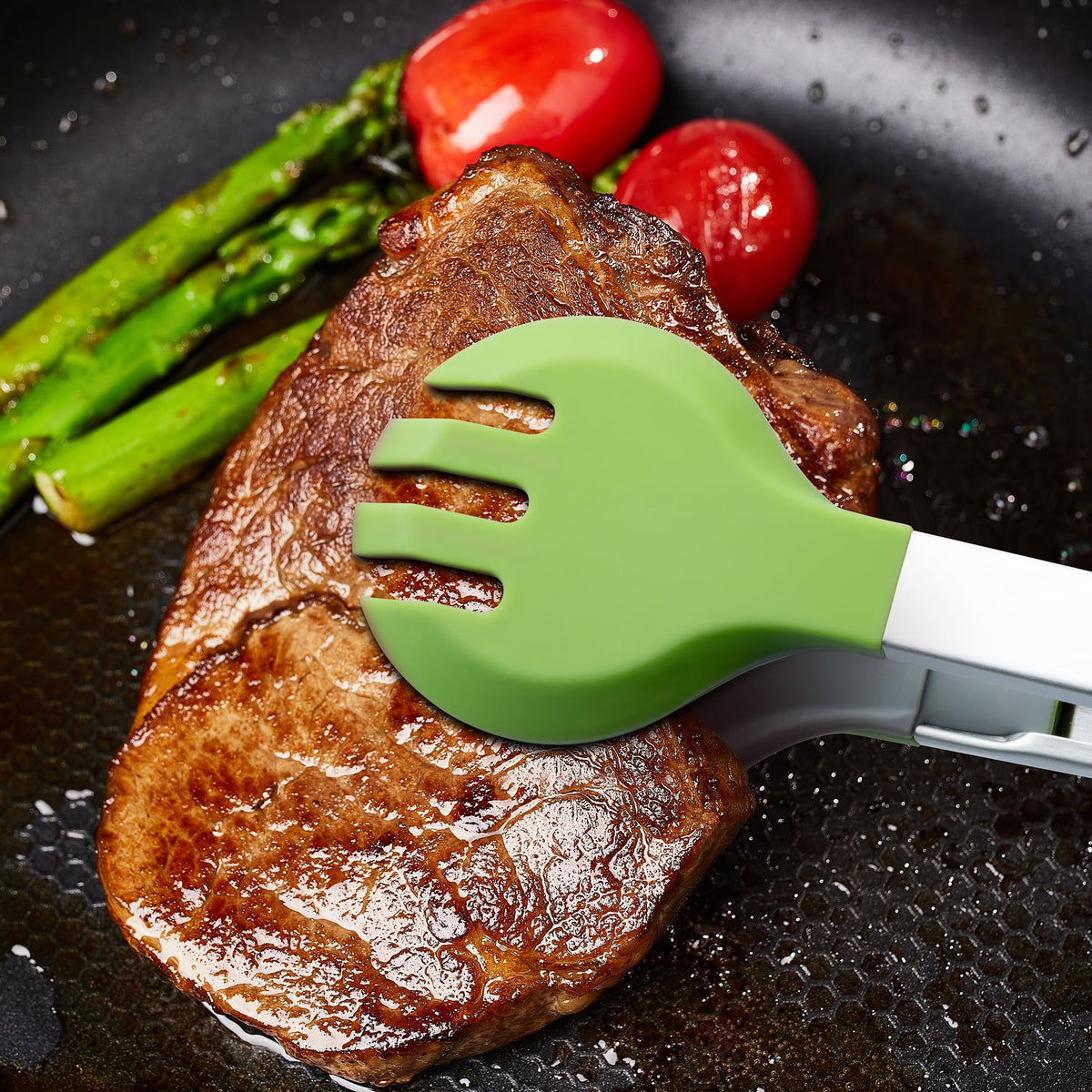 12 Inch Cooking Tongs, 2-in-1 Design with 0.5oz Measure Spoon, Stainless Steel Kitchen Tongs with Silicone Tips, Non-Stick Food Tongs for Cooking, Grilling, BBQ, Salad, Buffet, Serving (12", Green)