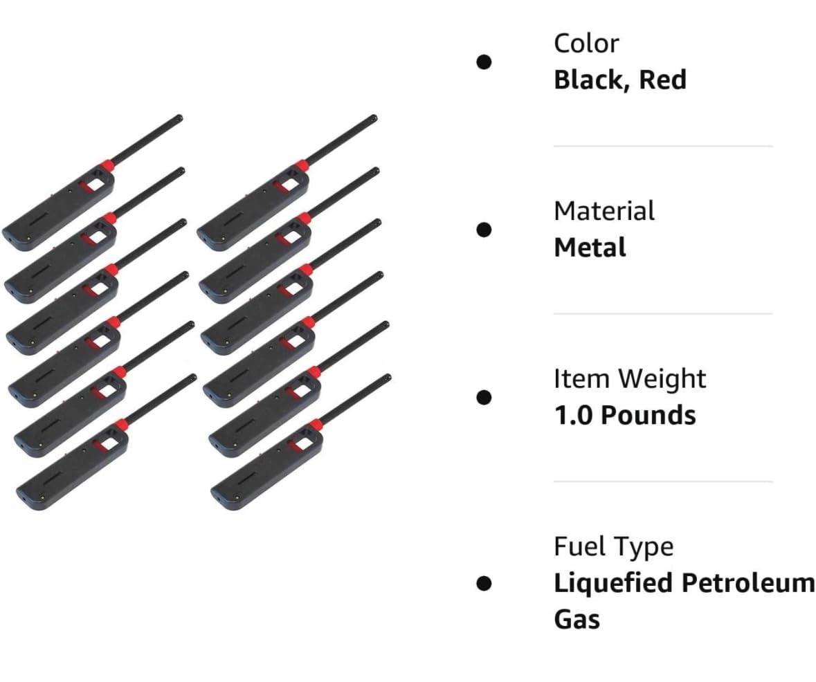 12 Pack - Fuel Included BBQ Grill Long Lighter - Refillable Butane Gas Candle Fireplace Kitchen Stove Wind Resistant, Red