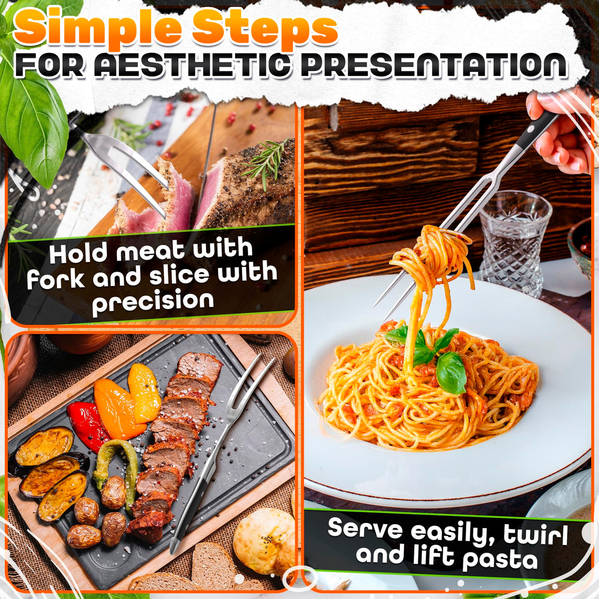 2 Pcs Carving Fork for Meat 12 inch - Stainless Steel Meat Fork with Heat-Resistant Handle for Grilling, Cooking, Serving - Straight and Curved Carving Utensils with Classic Two-Prong BBQ Design