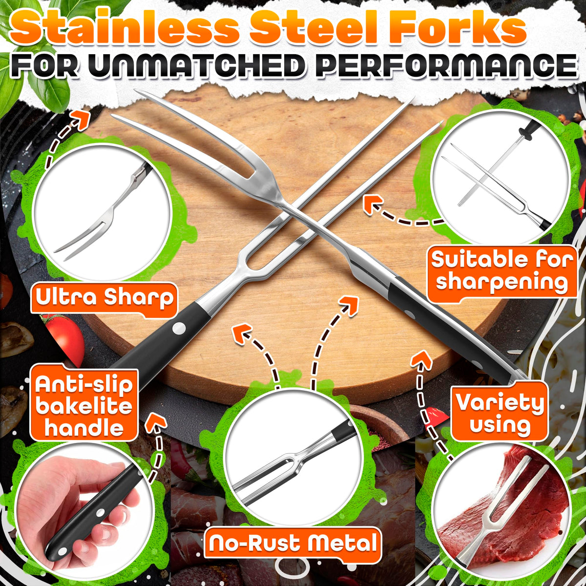 2 Pcs Carving Fork for Meat 12 inch - Stainless Steel Meat Fork with Heat-Resistant Handle for Grilling, Cooking, Serving - Straight and Curved Carving Utensils with Classic Two-Prong BBQ Design