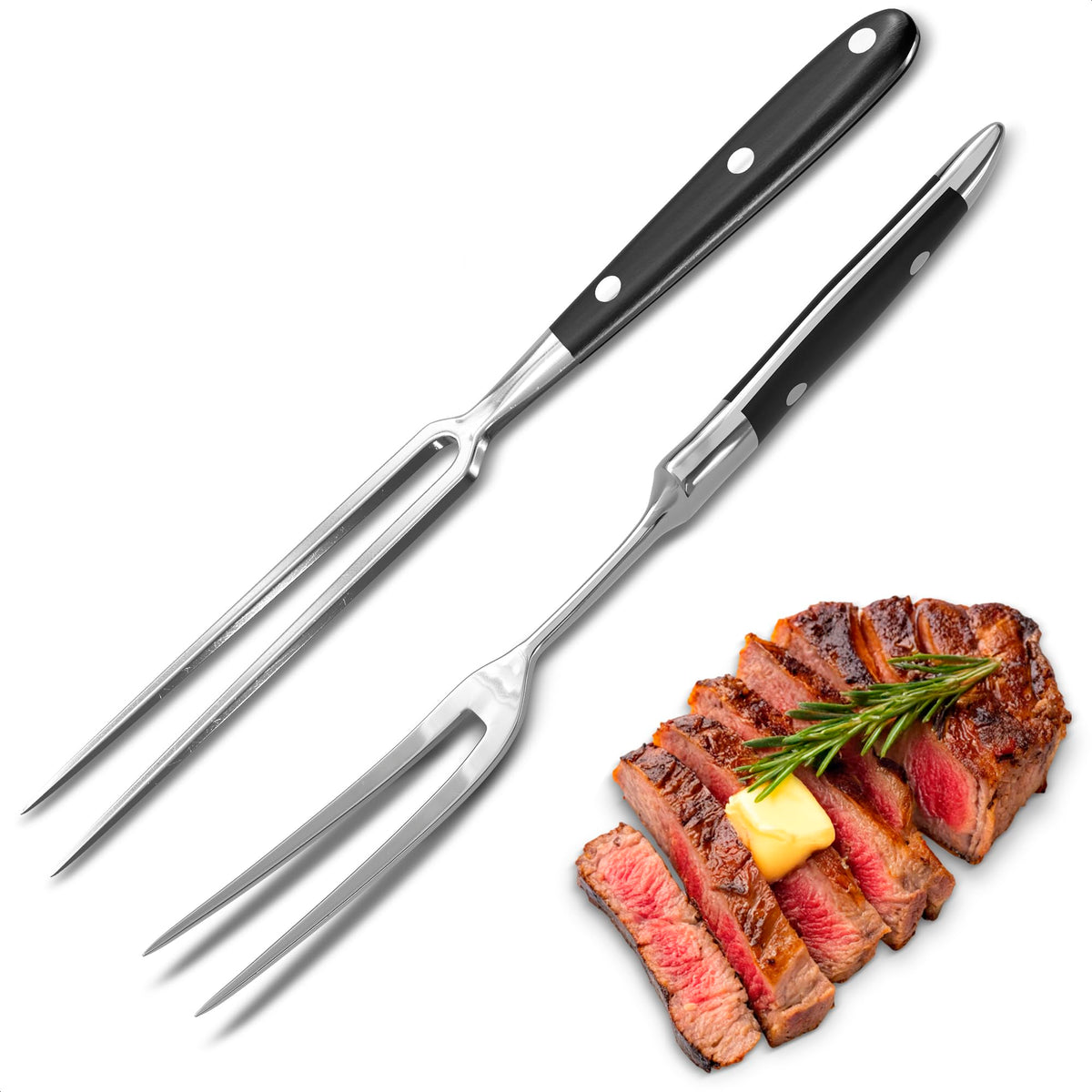2 Pcs Carving Fork for Meat 12 inch - Stainless Steel Meat Fork with Heat-Resistant Handle for Grilling, Cooking, Serving - Straight and Curved Carving Utensils with Classic Two-Prong BBQ Design