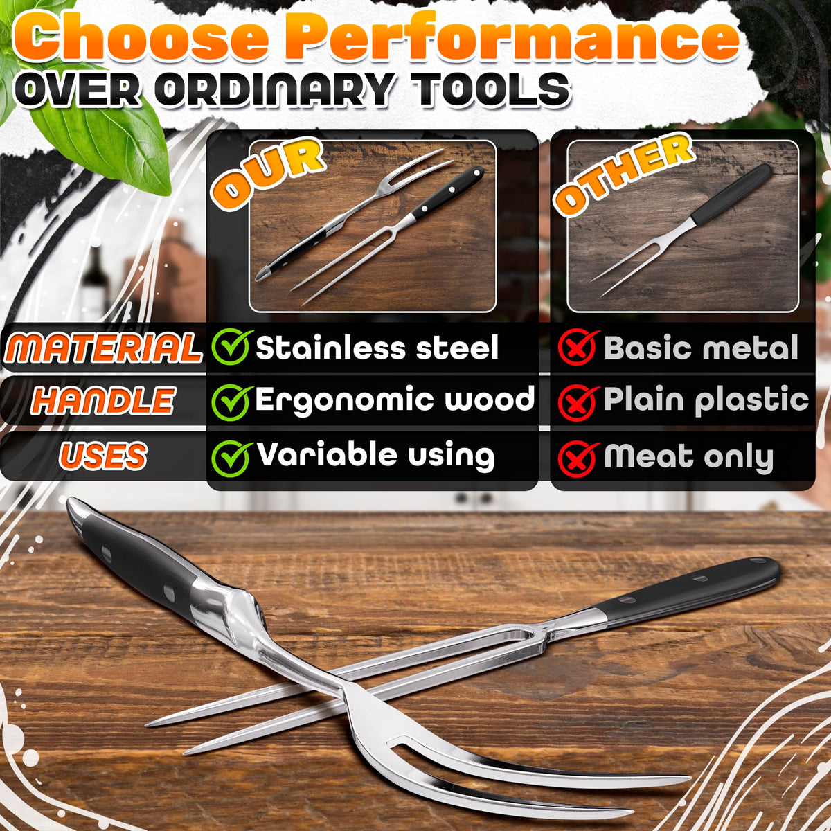 2 Pcs Carving Fork for Meat 12 inch - Stainless Steel Meat Fork with Heat-Resistant Handle for Grilling, Cooking, Serving - Straight and Curved Carving Utensils with Classic Two-Prong BBQ Design