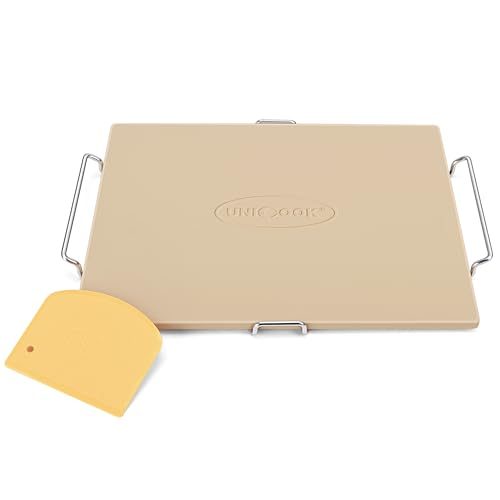 Unicook Pizza Stone for Oven and Grill, 15 x 12 Inch Rectangular Baking Stone for Bread, Cordierite Pizza Pan for Baking Crispy Bread, Pie and Cookies, Includes Carry Rack and Dough Scraper