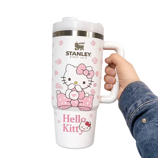 Big Cat White Stanley Quencher Tumbler 40oz – Insulated Travel Mug with Handle & Straw