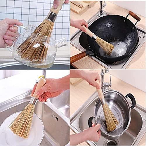 2Pack Traditional Natural Bamboo Wok Brushes , Kitchen Cleaning Brush, Bamboo Kitchen pan Brush, for Cleaning Dishes, Cast Iron Pots, Pans, Vegetables and Sink。