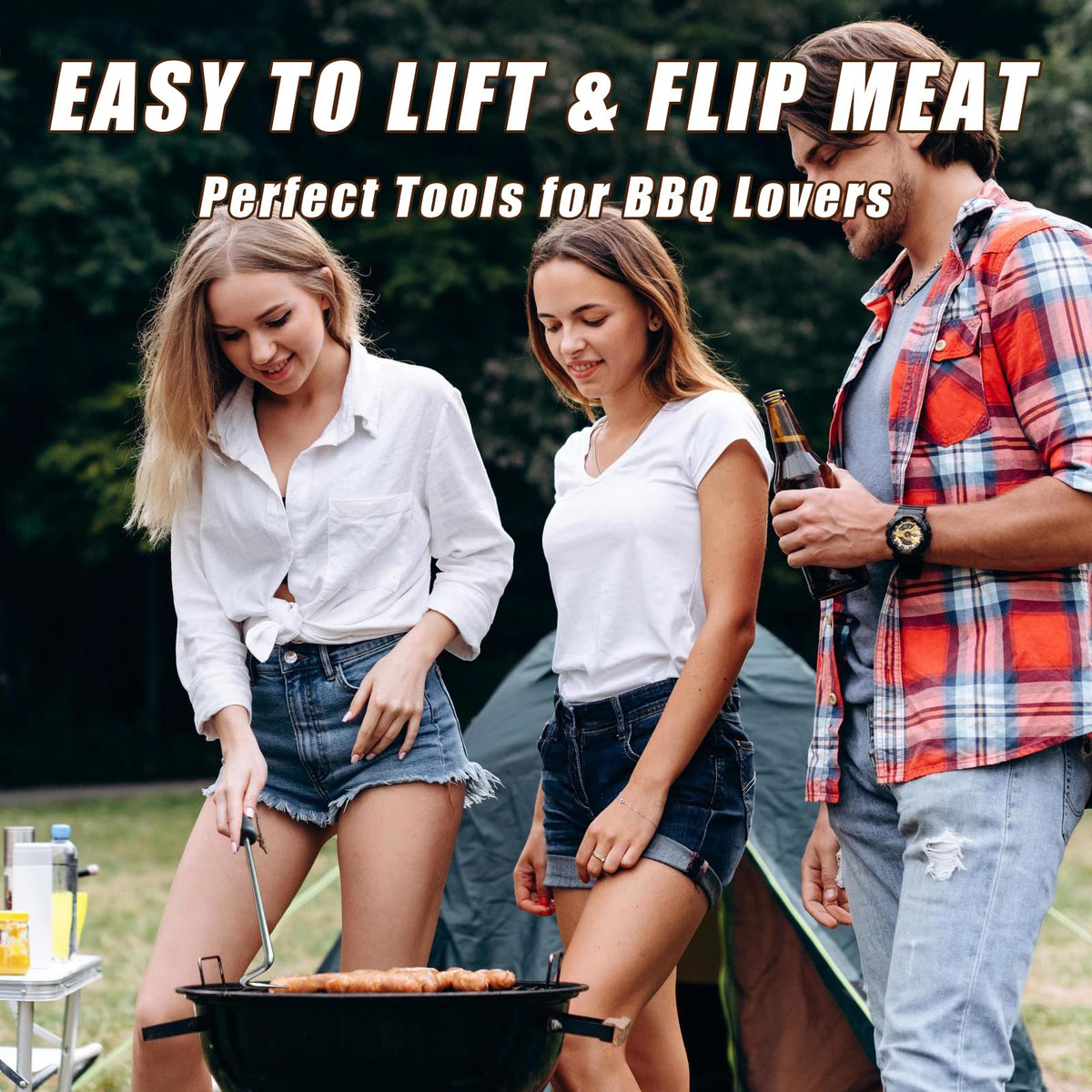 2Pcs Food Flipper Turner Hooks Stainless Steel BBQ Meat Hooks Cooking Barbecue Turners Hooks Grill Accessories with Handle for Grilling & Smoking