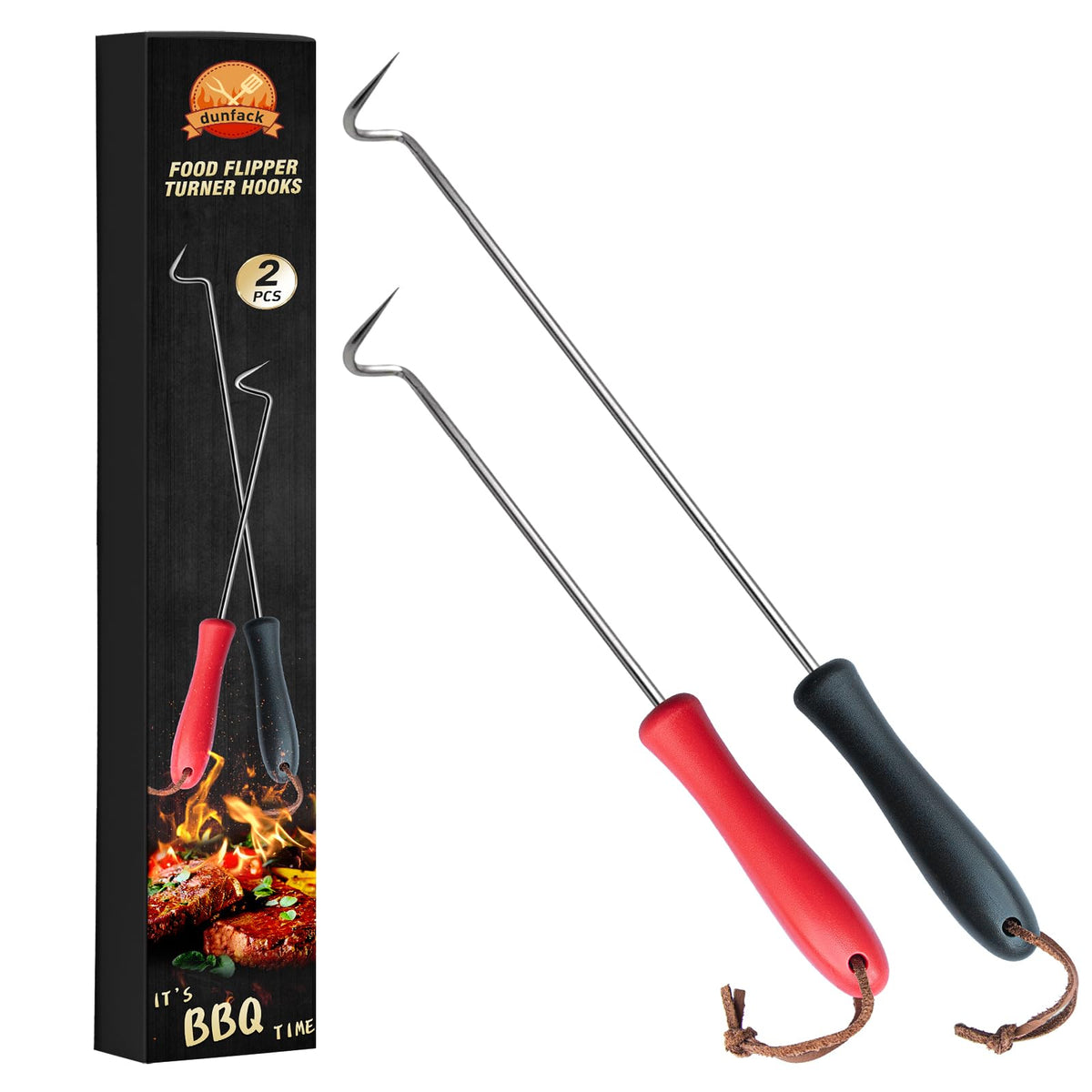2Pcs Food Flipper Turner Hooks Stainless Steel BBQ Meat Hooks Cooking Barbecue Turners Hooks Grill Accessories with Handle for Grilling & Smoking