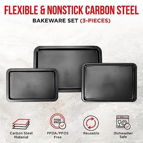 3 Piece Set Nonstick Carbon Steel Oven Bakeware -Professional Quality Kitchen Cooking Baking Trays -PFOA, PFOS, PTFE-Free Small, Medium & Large Baking Sheet Pans