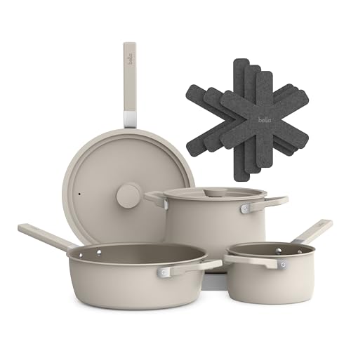 bella 9 Piece Ceramic Nonstick Cookware Set, Fits-anywhere™ Kitchenware w EverGood™ Coating, Dishwasher & Oven Safe, All Stovetops Compatible, Stackable Design, Cool Touch Handles, Oatmilk