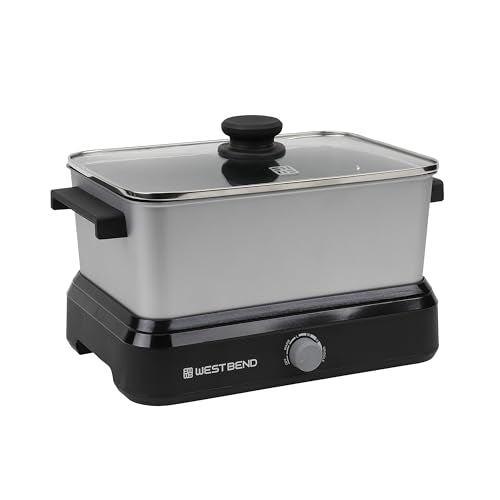 West Bend Versatility Slow Cooker Large Capacity Non-stick Cooking Vessel & Variable Temperature Heating Base Includes Travel Lid and Storage Bag, Range and Oven-Safe Cooking Pot, 5-Quart, Silver