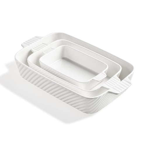 Sweejar Ceramic Baking Dish Set, Cake Baking Dish for Brownie, Porcelain Striped Casserole Dishes for Oven with Handle for Lasagna, Family Dinner(White)