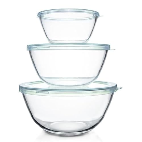 Luvan Glass Mixing Bowls with Lids Set(4.5QT, 2.7QT, 1.1QT)-Large Glass Mixing Bowls, Clear Salad Bowl for Baking, Cooking, Serving, Food Prep, 3PC Nesting Bowls for Kitchen Storage & Dishwasher Safe