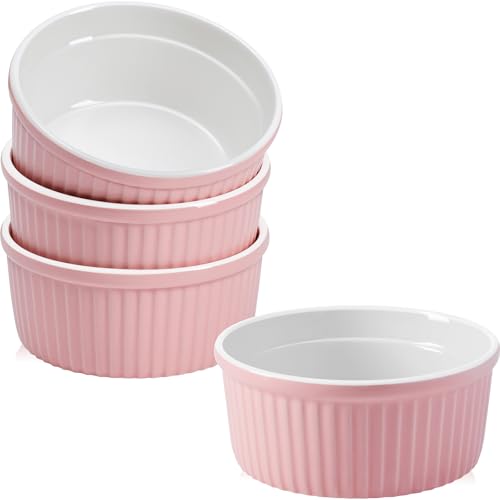 NUTRIUPS Pink Ramekins 14oz Oven Safe Set of 4, Porcelain Pudding Cups for Creme Brulee Souffle, Ceramic Ramekins Set for Baking