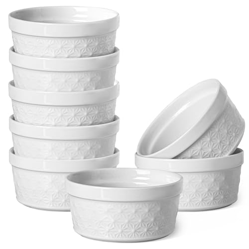 Feenmai 6 Oz Ramekins Oven Safe, Creme Brulee Ramekins Set of 8, Ceramic Souffle Dish, White Porcelain Snowflake Baking Bowls for Dessert, Pie, Tart, Souffles, Appetizers
