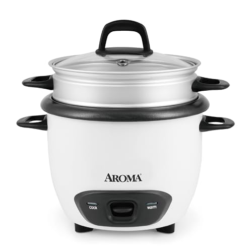AROMA® Rice Cooker, 3-Cup (Uncooked) / 6-Cup (Cooked), Steamer, Small Rice Cooker, Oatmeal Cooker, Soup Maker, Auto Keep Warm, 1.5 Qt, White, ARC-743-1NG