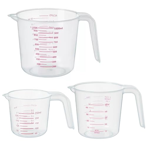 DTDNZKN 3 Pack Measuring Cup Set, Includes 250Ml (1-Cup), 500Ml (2-Cup) and 1000Ml (4-Cup) Plastic Liquid Measuring Cups- Baking, Cooking, Mixing & Measuring Cups, Essential Kitchen Tools